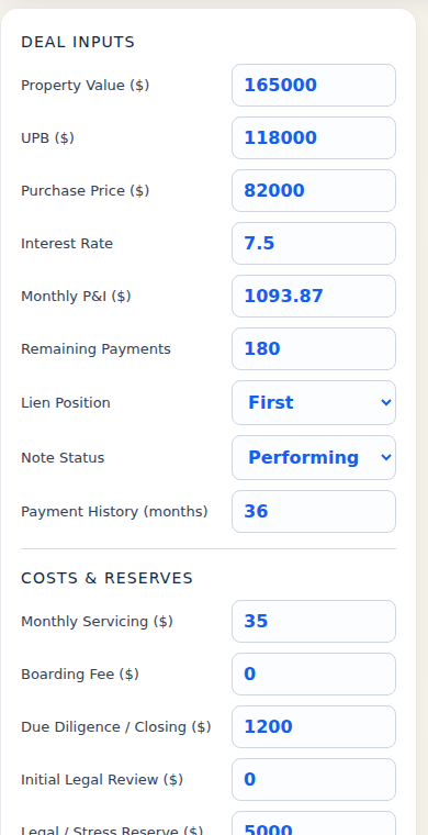 NotePro deal inputs showing property value, unpaid balance, purchase price, payment history and costs